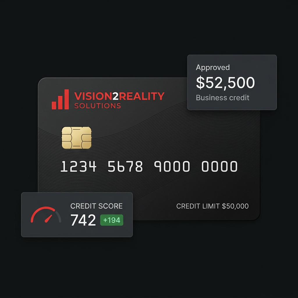 Vision2Reality Solutions branded credit card with illustrative approval and credit score panels